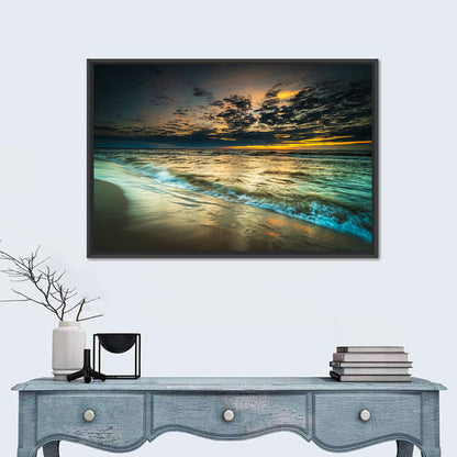 Shoreline Sunset with Boat Silhouette Wall Art