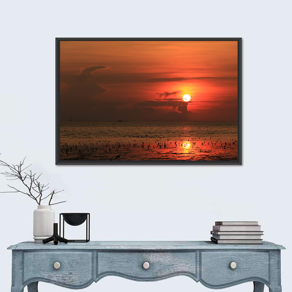 Red Sunrise with Birds Wall Art
