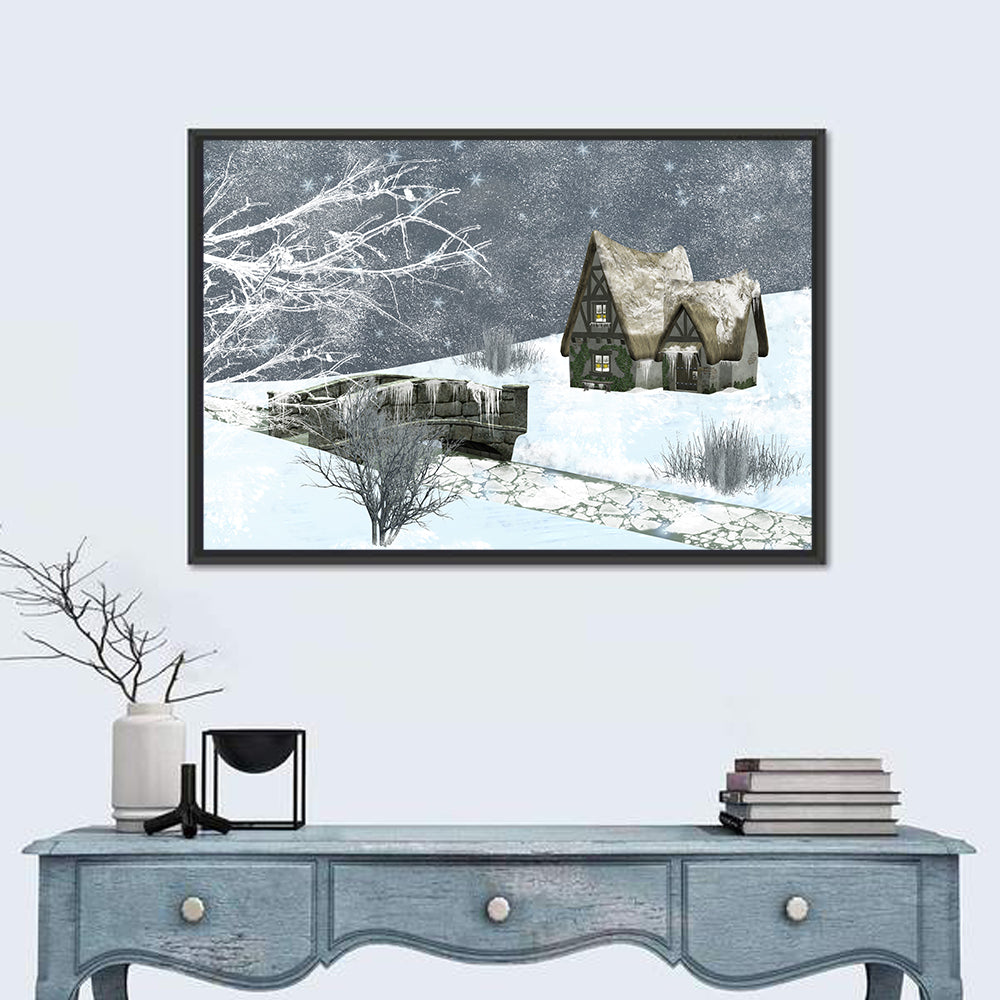 Starry Winter Cottage and Frozen Stream Wall Art in a room, landscape