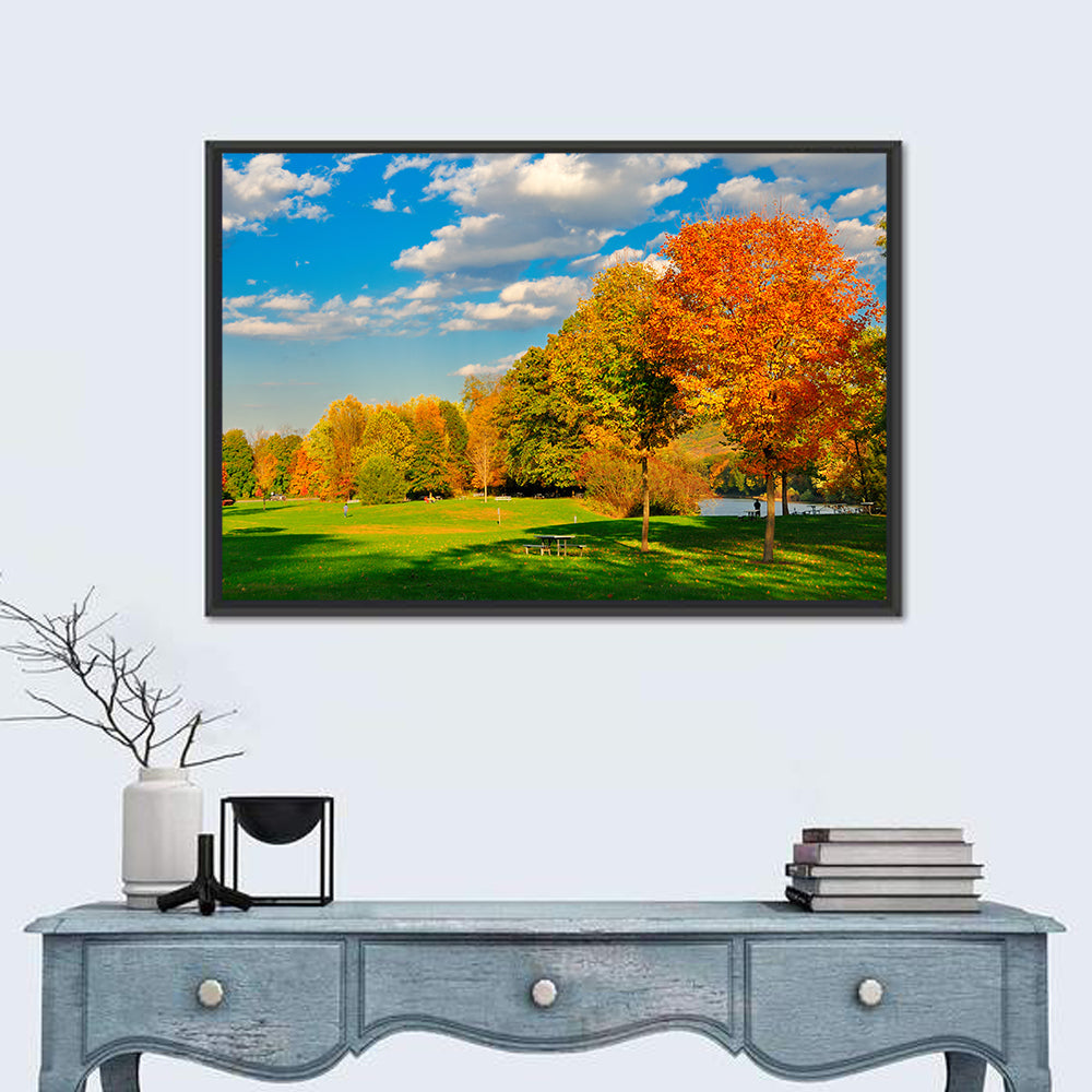 Autumn Trees and Lakeside Lawn Wall Art in a room, landscape