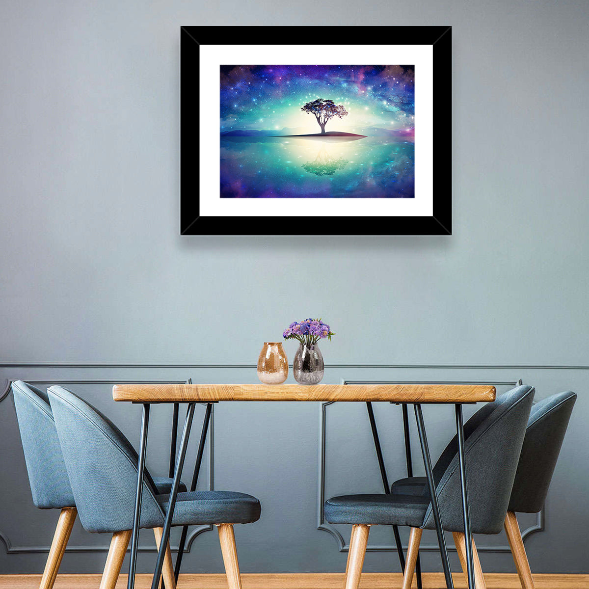 Glowing Island Tree Under Starry Nebula Wall Art in a room, landscape
