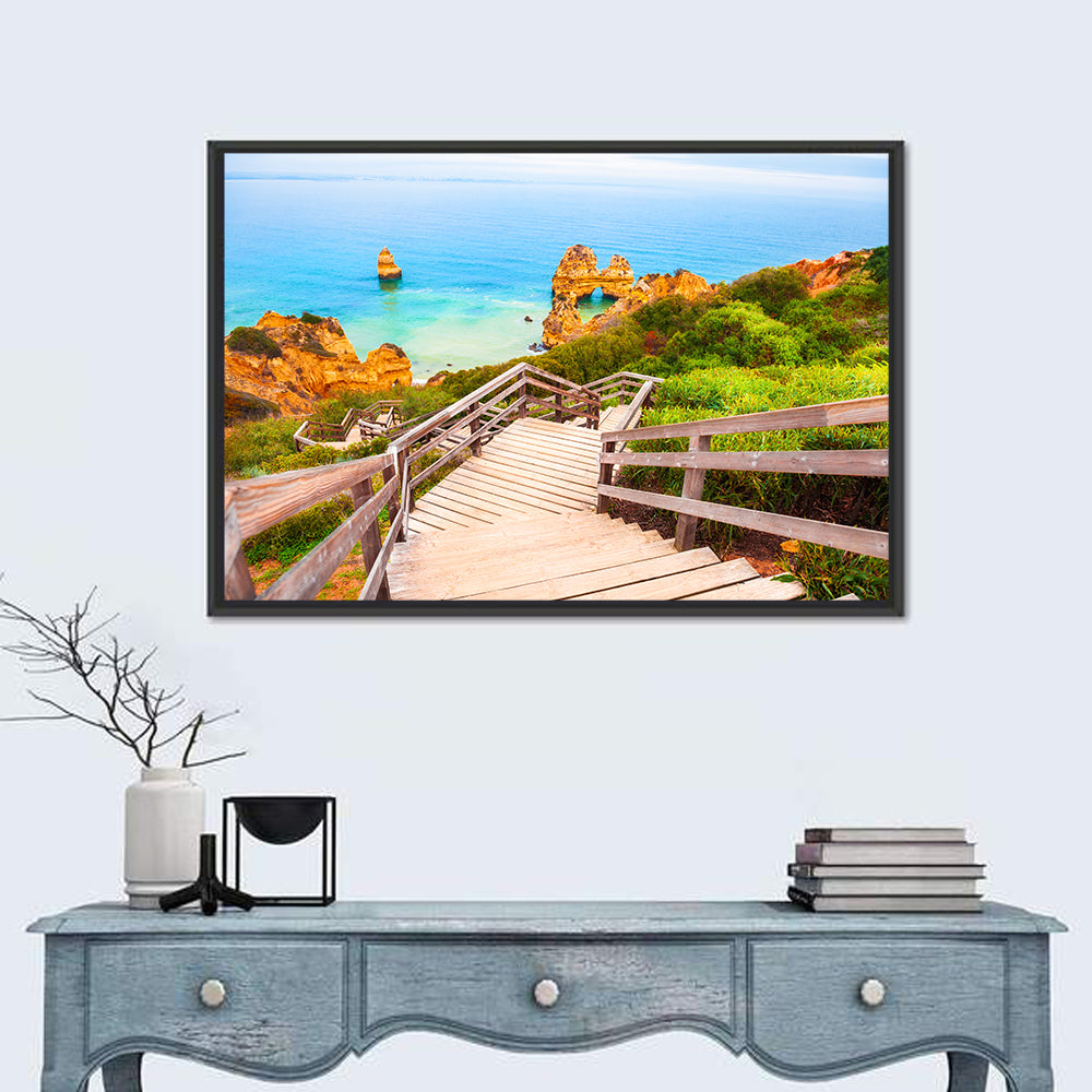 Wooden Stairs to Turquoise Atlantic Cove Wall Art in a room, landscape