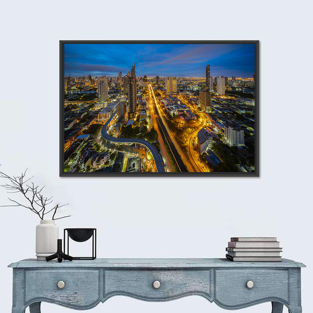 Bangkok Dusk Cityscape Wall Art in a room, landscape