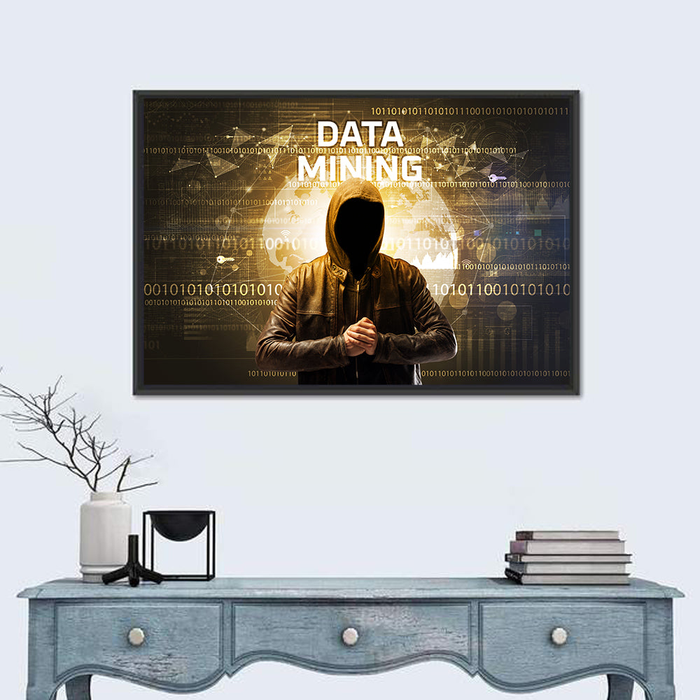 Hooded Hacker Data Mining Concept Wall Art in a room, landscape