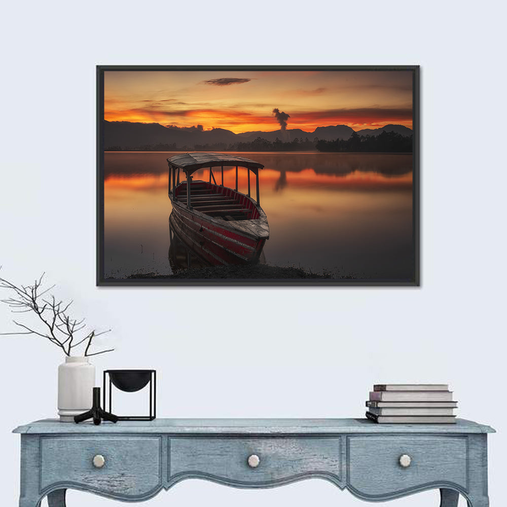 Sunset Fishing Boat on Calm Lake Wall Art