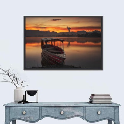 Sunset Fishing Boat on Calm Lake Wall Art