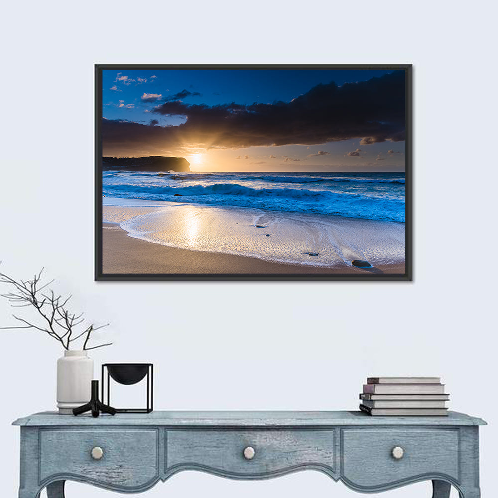 Macmasters Beach Golden Sunrise Wall Art in a room, landscape