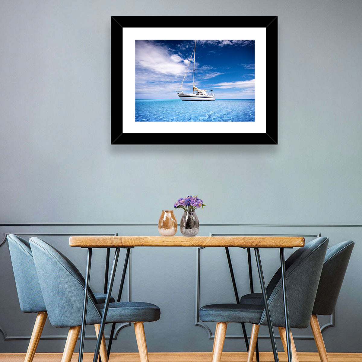 Furled Sails Over Turquoise Water Wall Art in a room, landscape