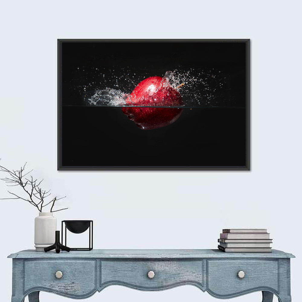 Red Apple Water Splash Wall Art in a room, landscape