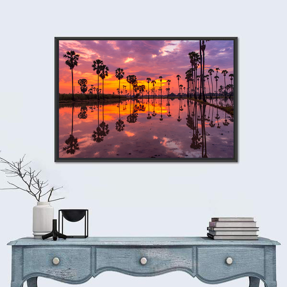 Palm Trees Sunset Reflection Wall Art in a room, landscape