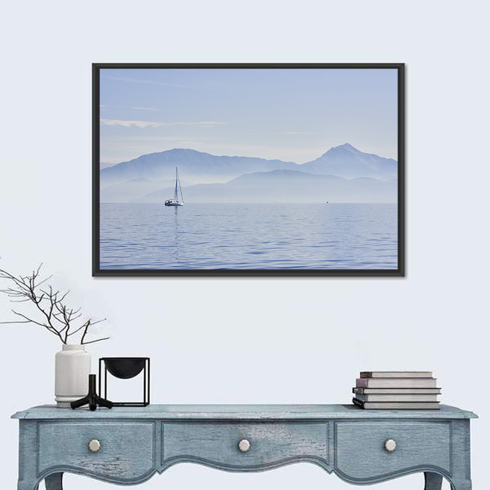 Sailboat and Misty Mountains Wall Art in a room, landscape