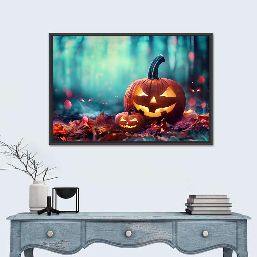 Jack-o'-lanterns at Teal Twilight Wall Art in a room, landscape