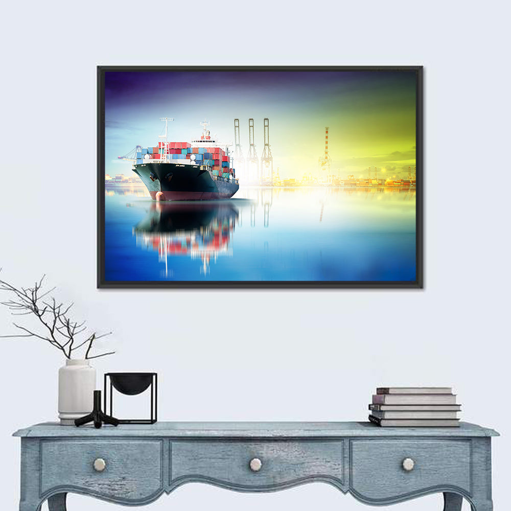Harbor Cargo Ship with Reflection Wall Art in a room, landscape