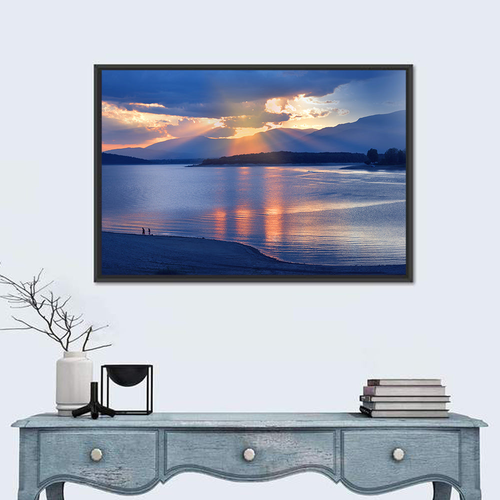 Lake Sunset with Silhouettes Wall Art in a room, landscape