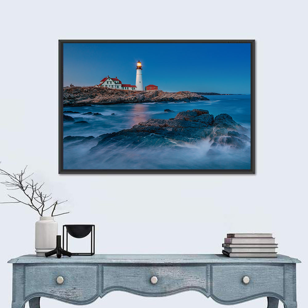 Portland Head Light at Dusk Wall Art in a room, landscape