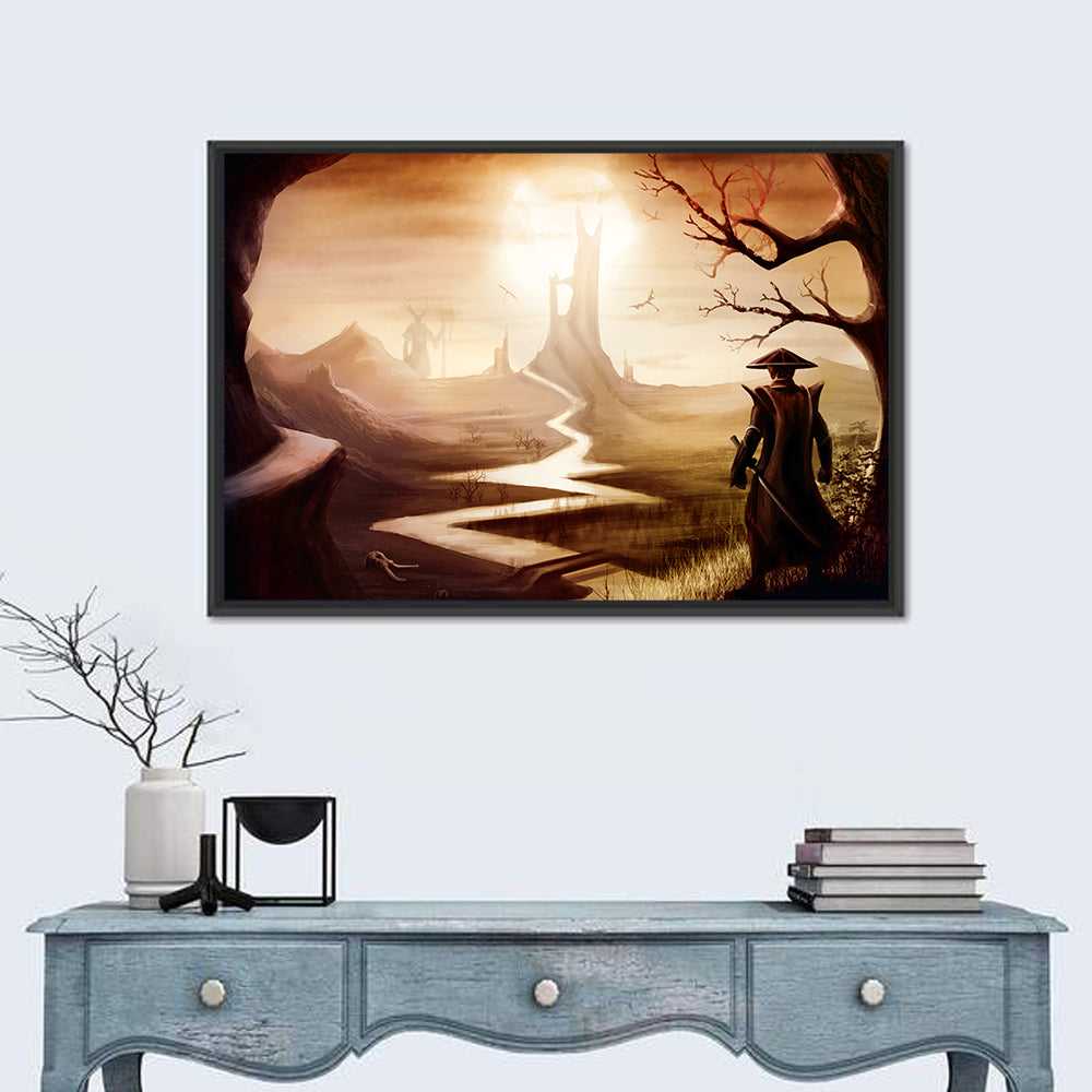Silhouetted Samurai at Distant Tower Wall Art in a room, landscape