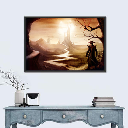 Silhouetted Samurai at Distant Tower Wall Art