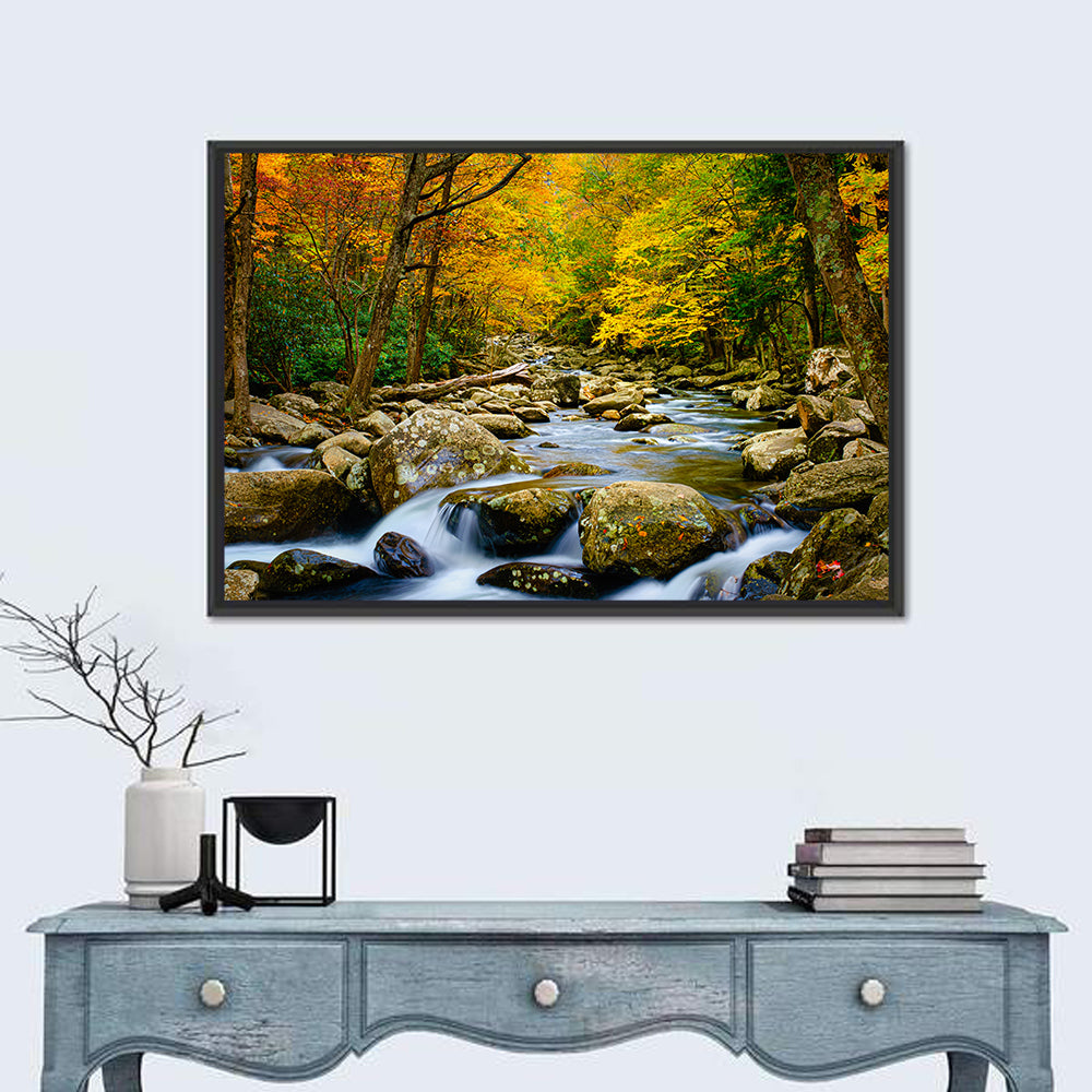 Autumn Stream Through Forest Wall Art in a room, landscape