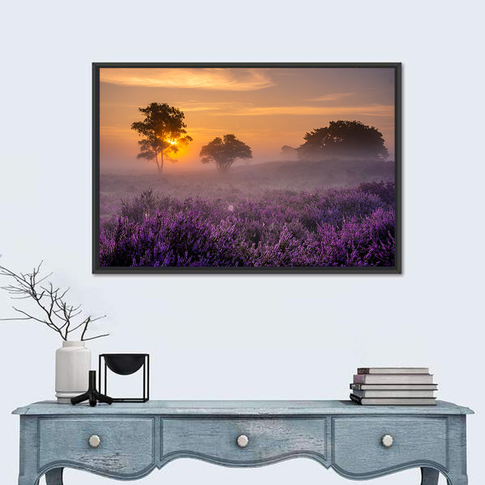 Misty Heather Field at Dawn Wall Art in a room, landscape