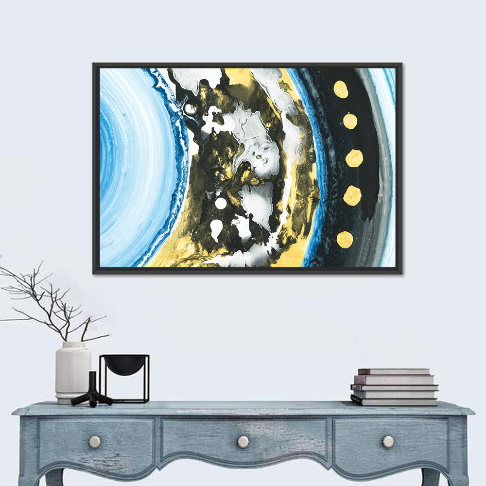 Planet Rings in Blue and Gold Wall Art in a room, landscape