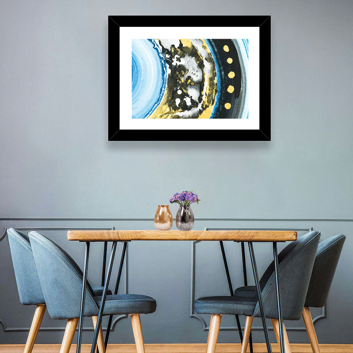 Planet Rings in Blue and Gold Wall Art in a room, landscape