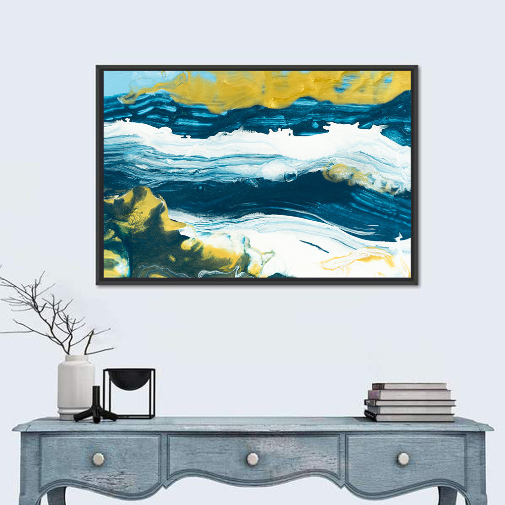 Flowing Streams with Gold Accents Wall Art in a room, landscape