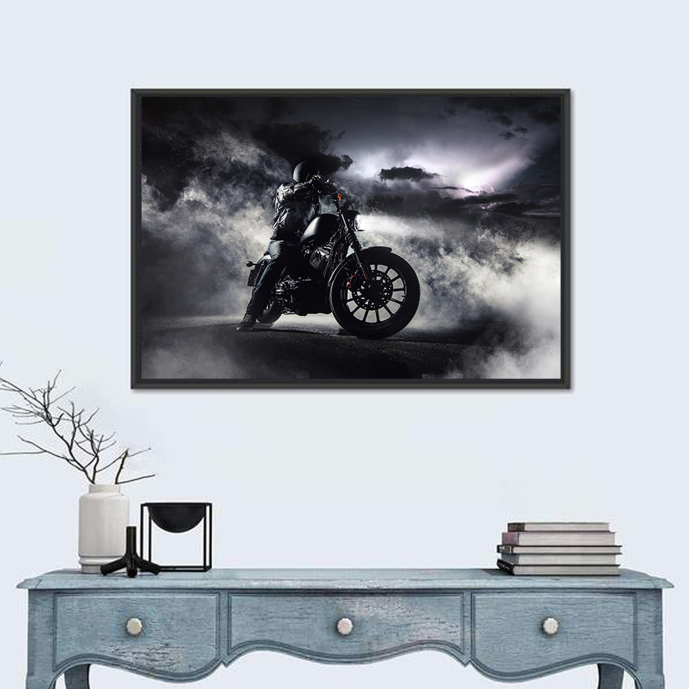 Motorcyclist in Fog at Night Wall Art in a room, landscape