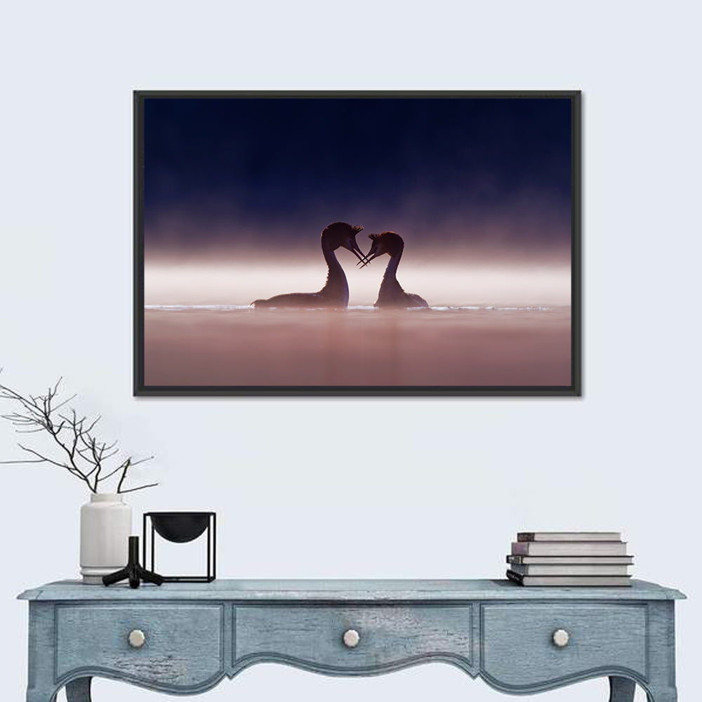 Crested Grebes in Morning Mist Wall Art