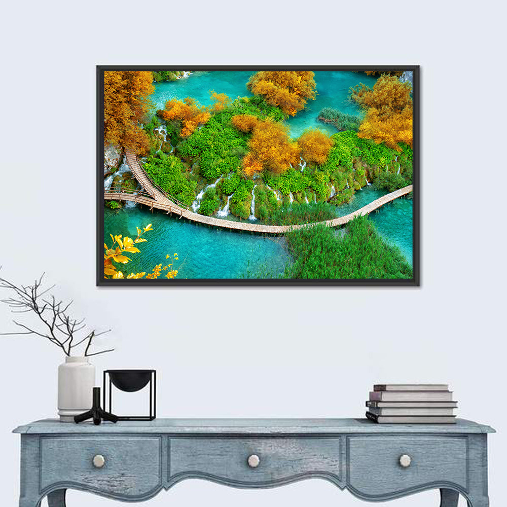 Plitvice Lakes Boardwalk Wall Art in a room, landscape