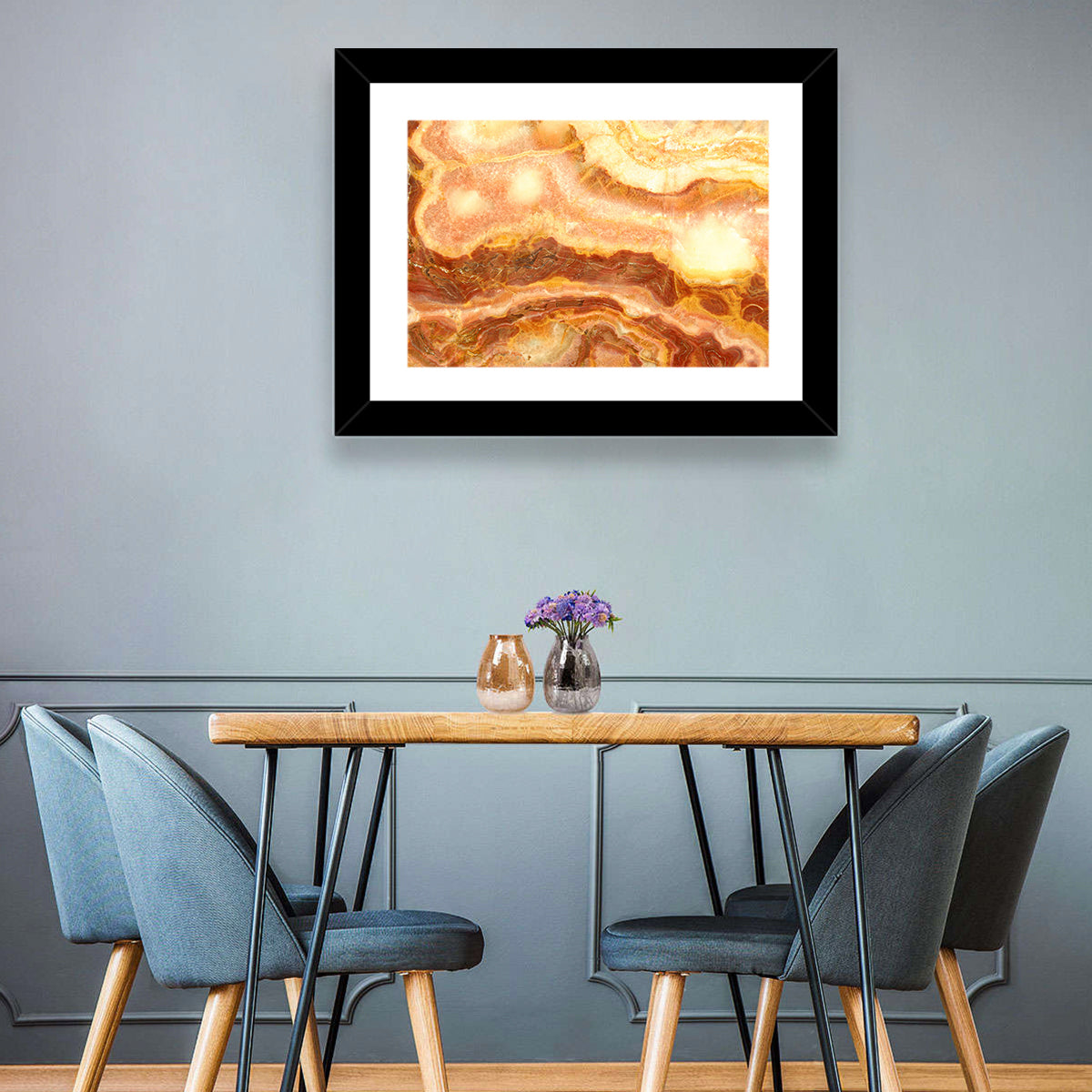 Golden Agate Stone Abstract Wall Art in a room, landscape