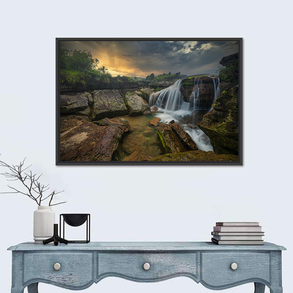 Mossy Rocks Waterfall at Golden Sky Wall Art in a room, landscape