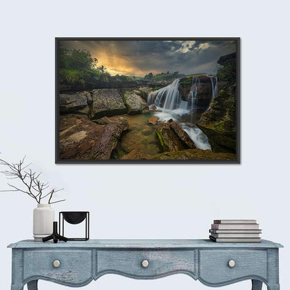 Mossy Rocks Waterfall at Golden Sky Wall Art
