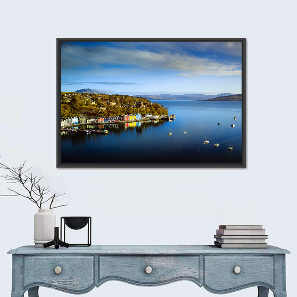 Portree Harbour Colorful Houses Wall Art in a room, landscape