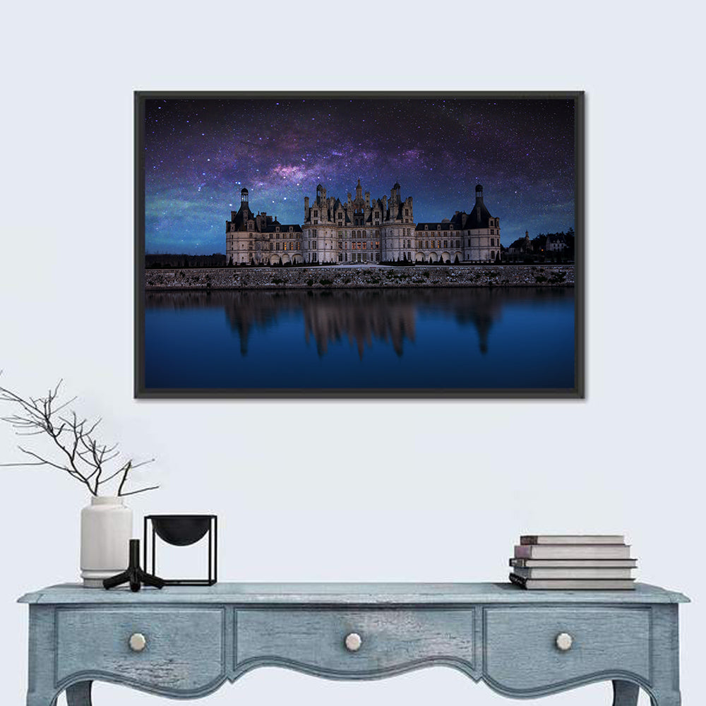 Château De Chambord Night Reflection Wall Art in a room, landscape