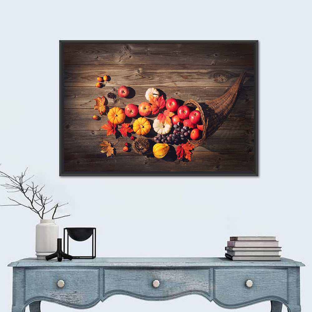Thanksgiving Cornucopia Still Life Wall Art in a room, landscape