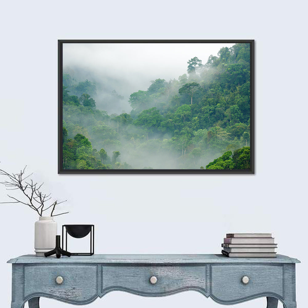 Misty Rainforest Morning Wall Art in a room, landscape