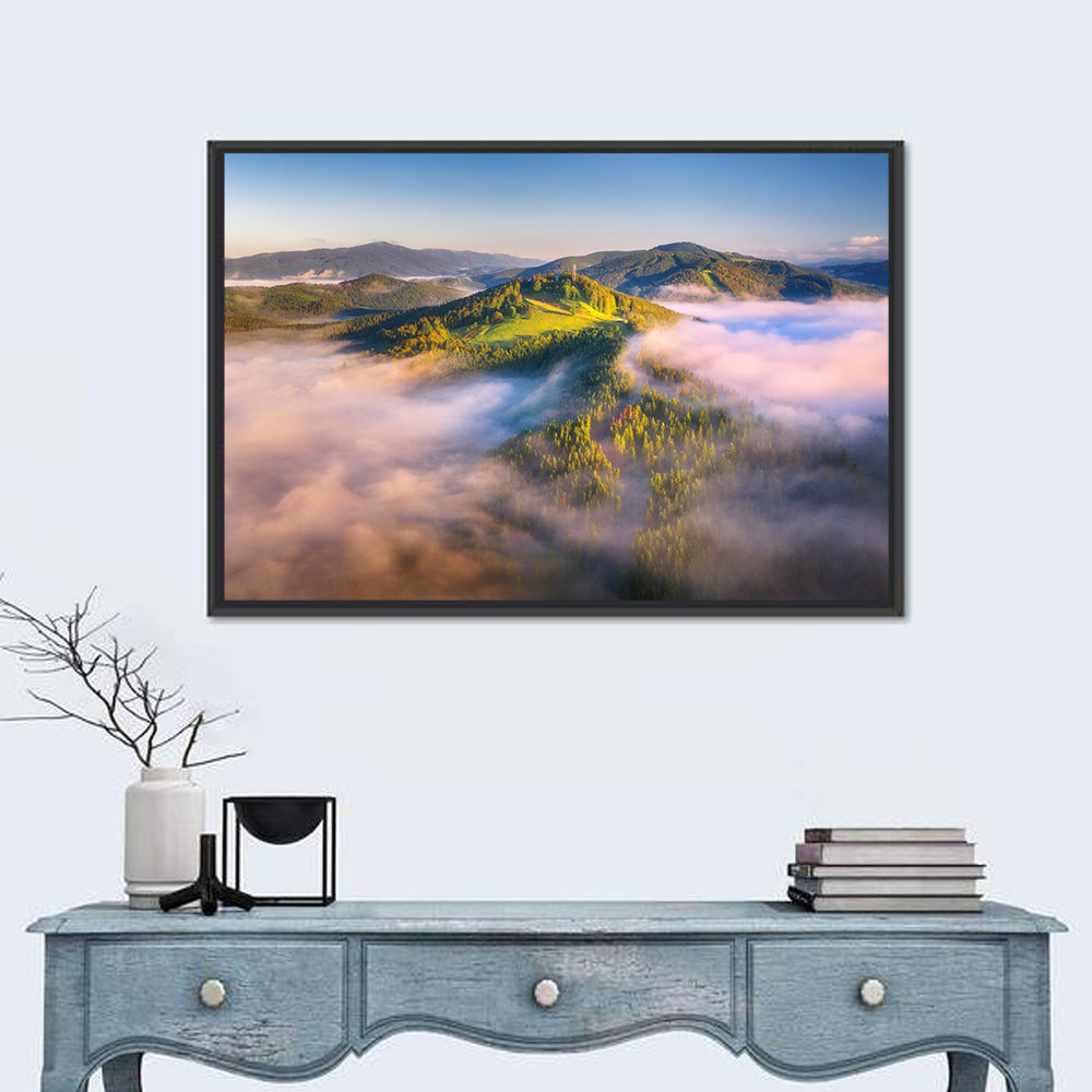 Foggy Mountain Sunrise Wall Art in a room, landscape