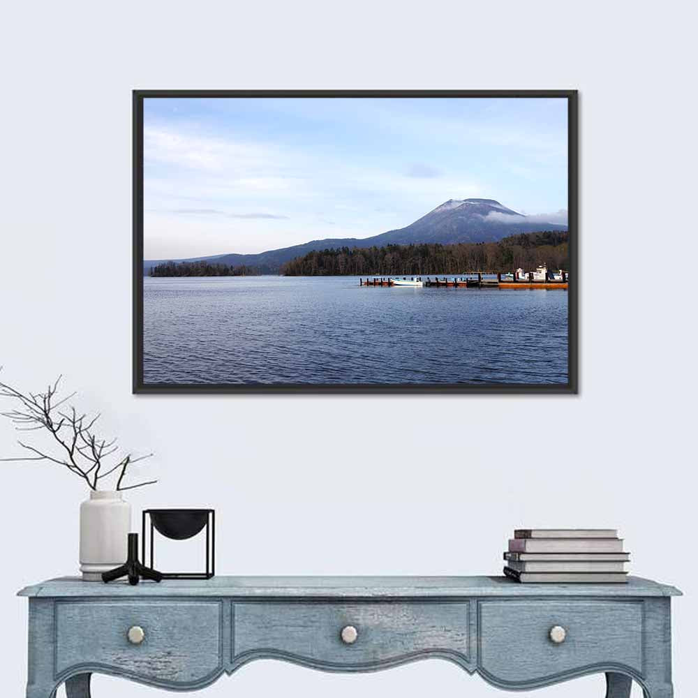 Lake Akan Pier and Snow Capped Peak Wall Art