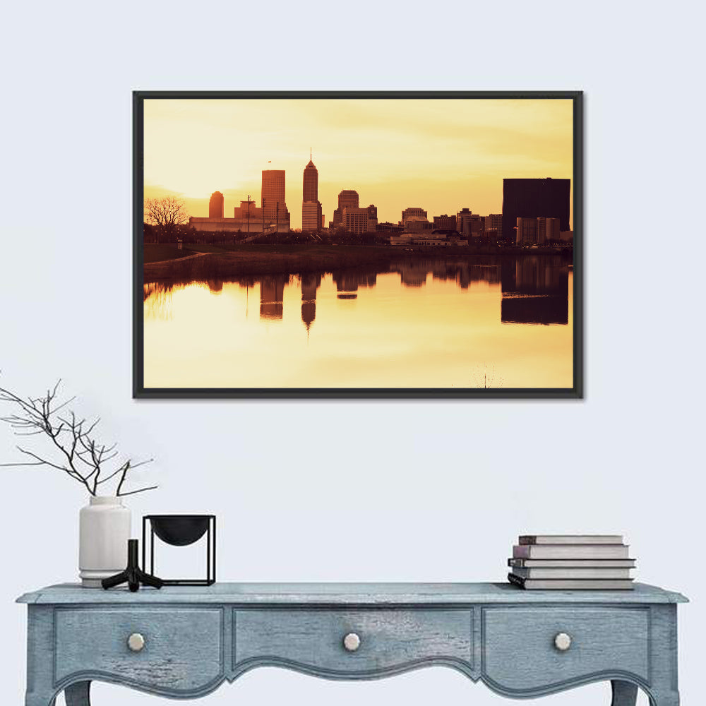 Indianapolis Golden Hour Skyline Wall Art in a room, landscape