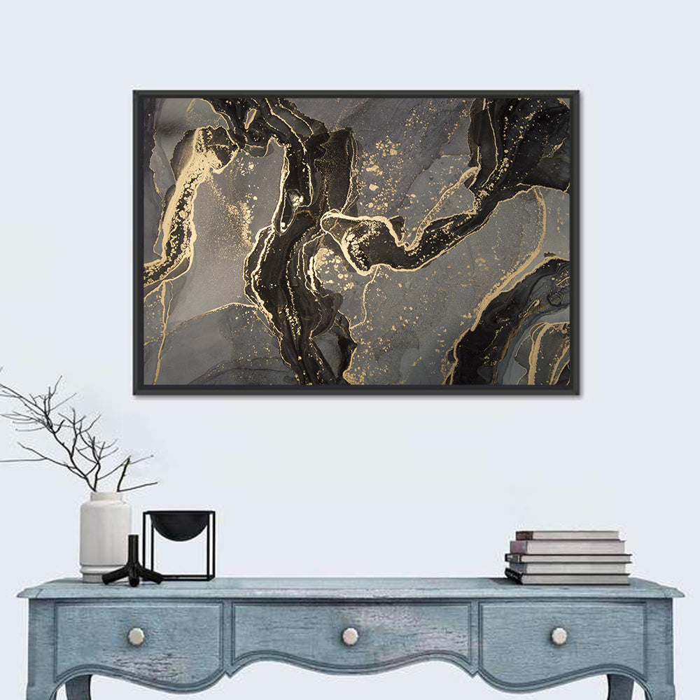 Black and Gold Marbled Abstract Wall Art in a room, landscape