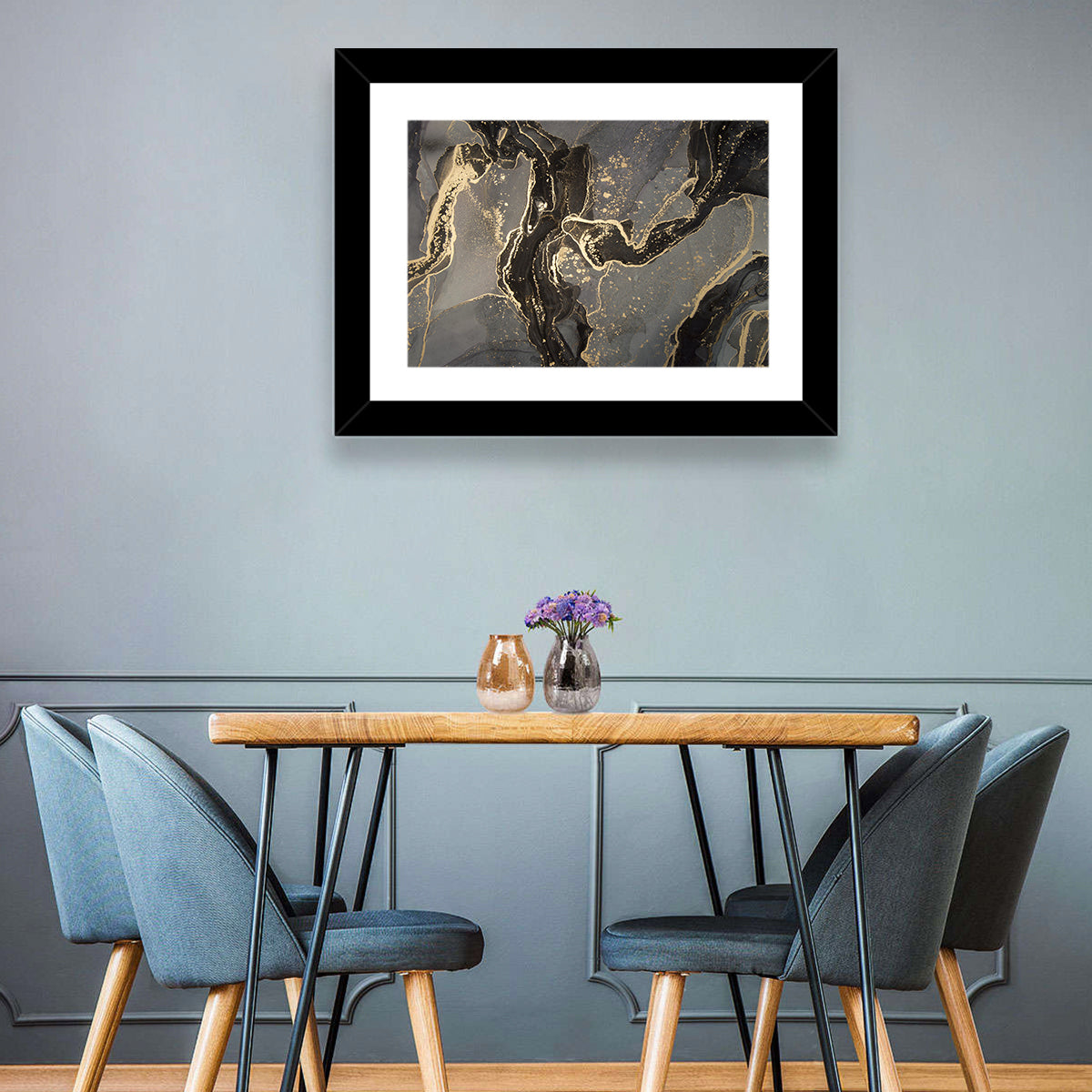 Black and Gold Marbled Abstract Wall Art in a room, landscape