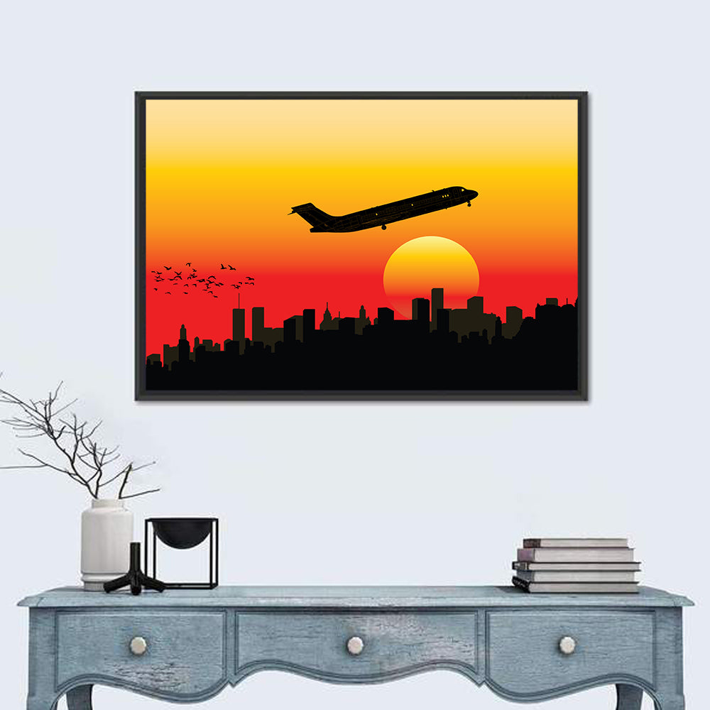 Airplane Over Sunset Skyline Wall Art in a room, landscape