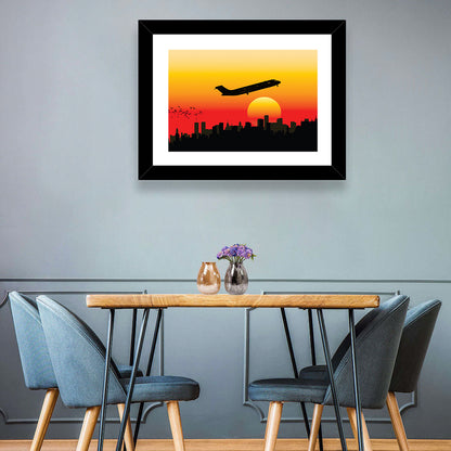 Airplane Over Sunset Skyline Wall Art