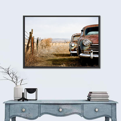 Abandoned Rusty Vintage Cars Behind Barbed Wire Wall Art