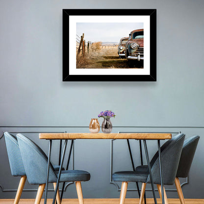 Abandoned Rusty Vintage Cars Behind Barbed Wire Wall Art
