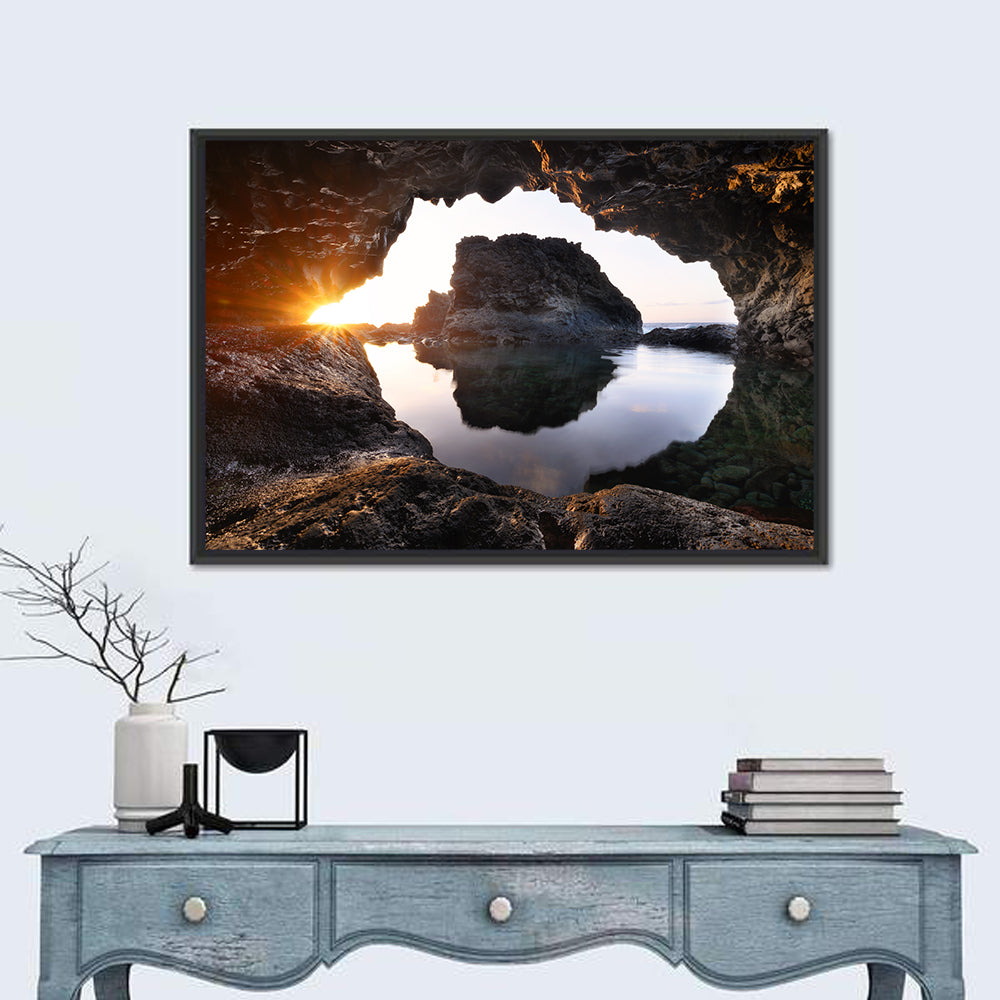Sea Cave Sunset Wall Art in a room, landscape