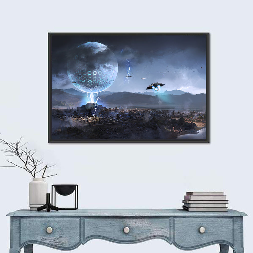 Alien Planet Cityscape with Spaceships Wall Art
