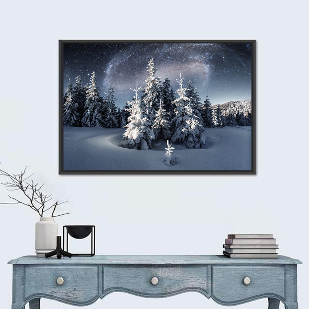 Milky Way Winter Forest Wall Art in a room, landscape