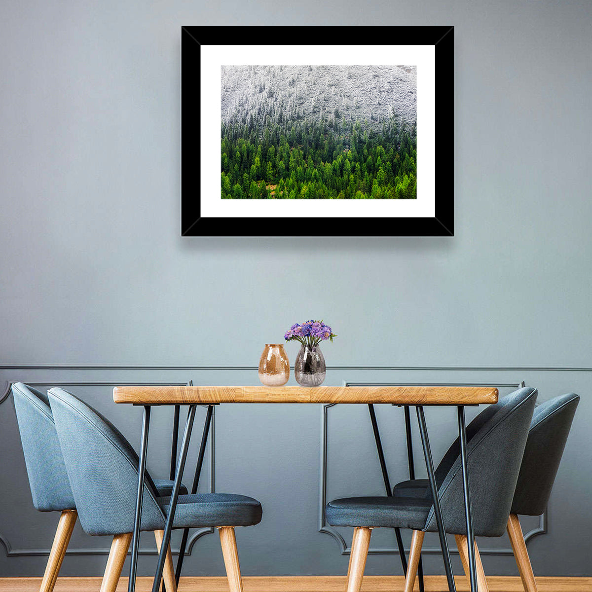 Snowy Dolomites Forest Wall Art in a room, landscape