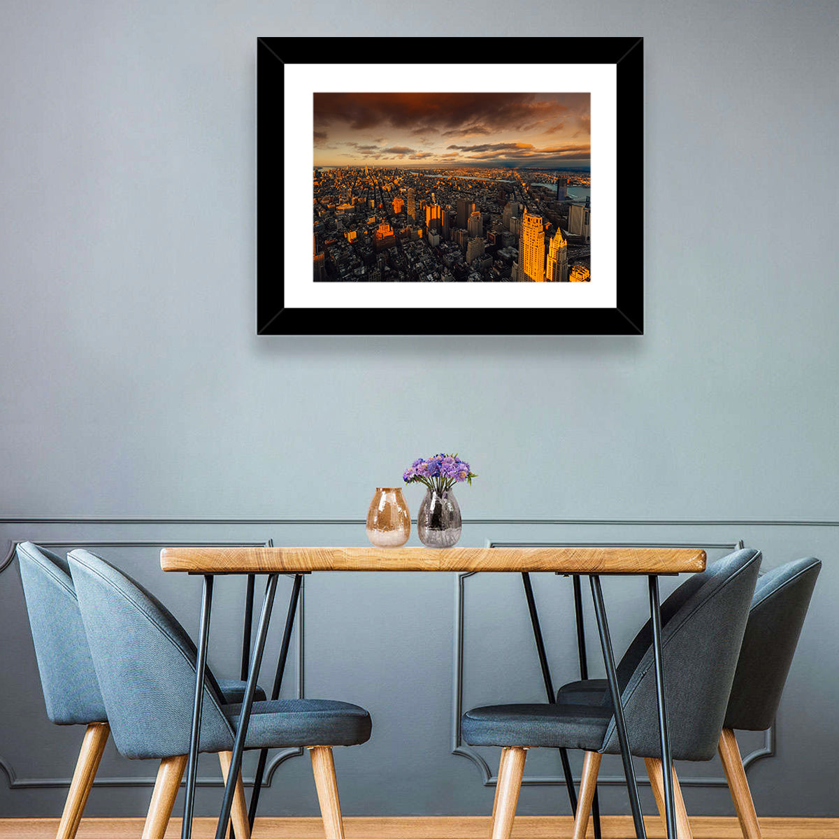 South Manhattan Sunset Skyline Wall Art in a room, landscape